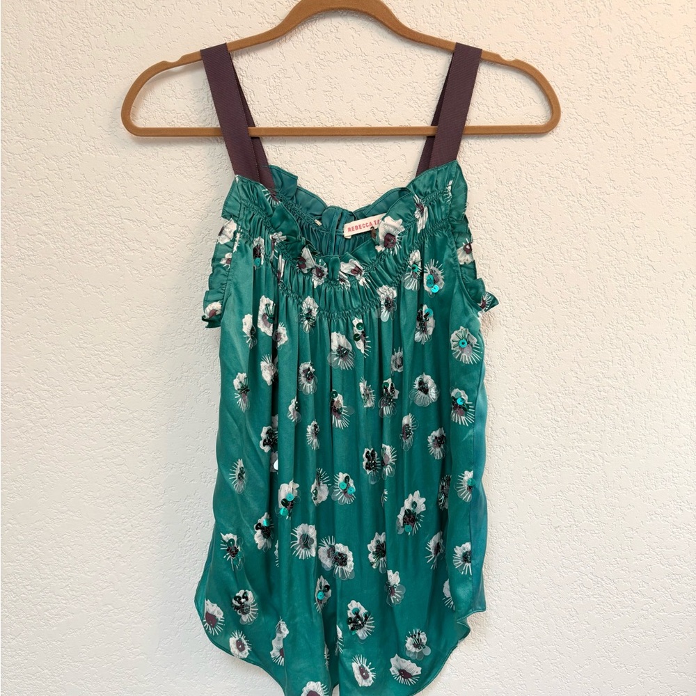 Rebecca Taylor Silk Floral Green Top with Beading